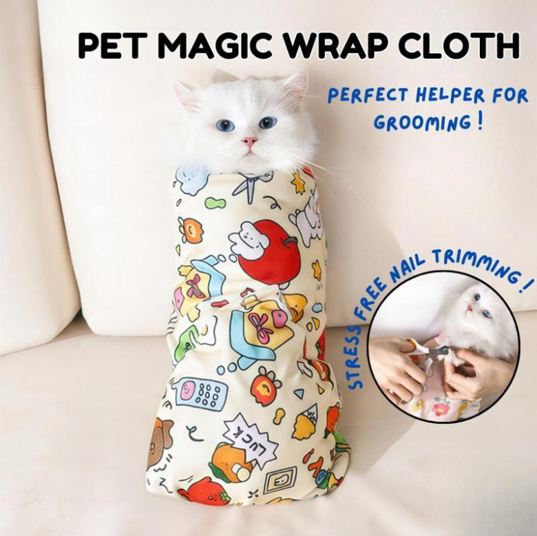 Cat wrapped in a colorful 'Pet Magic Wrap Cloth' with text about its use for grooming.